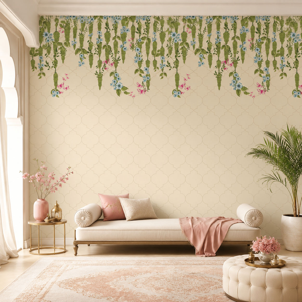 Hanging Garden (Cream) Botanical wallpaper design view 2 | MWA-LWZ-143
