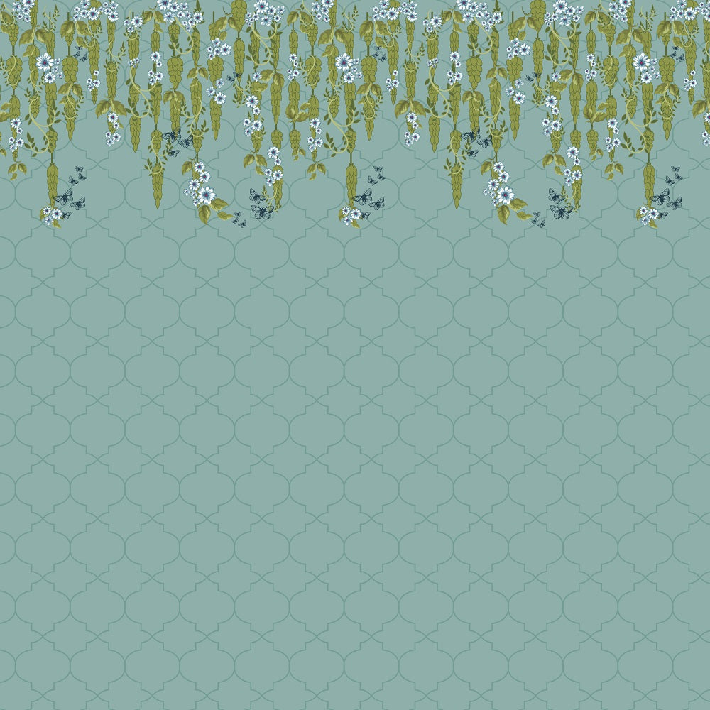 Teal Botanical Lattice Botanical wallpaper for living room & bedroom interiors | MWA-LWZ-142