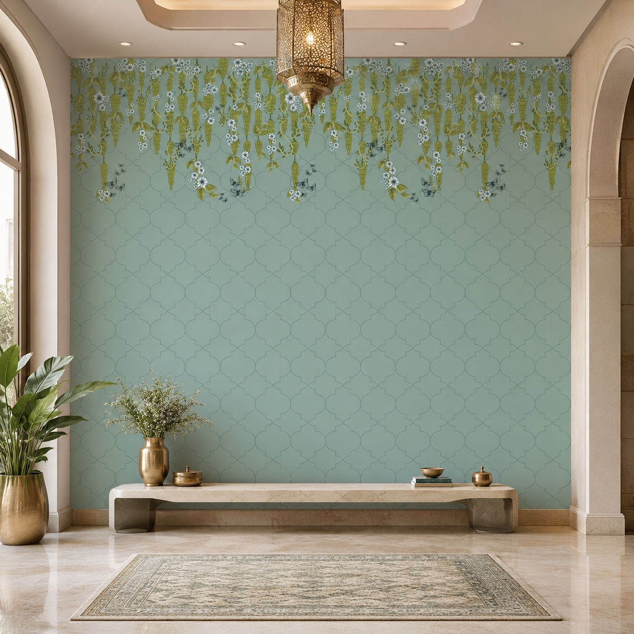 Teal Botanical Lattice Botanical wallpaper design view 2 | MWA-LWZ-142