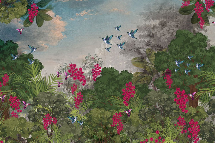 Hummingbird Forest Botanical wallpaper for living room & dining room interiors | MWA-LWZ-140