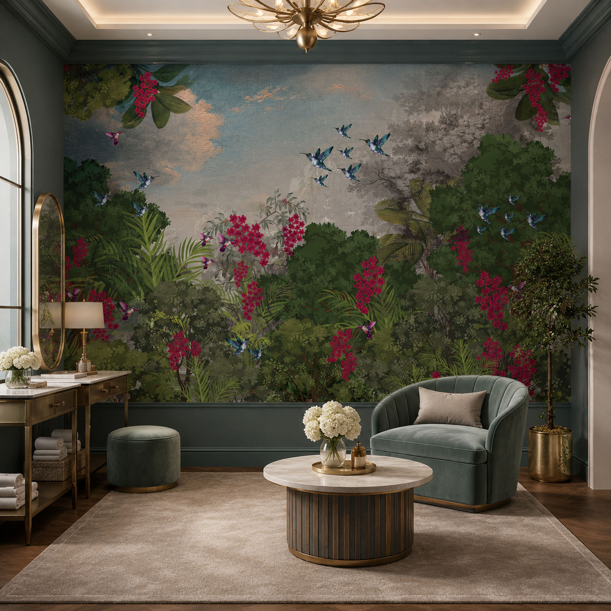 Hummingbird Forest Botanical wallpaper design view 2 | MWA-LWZ-140