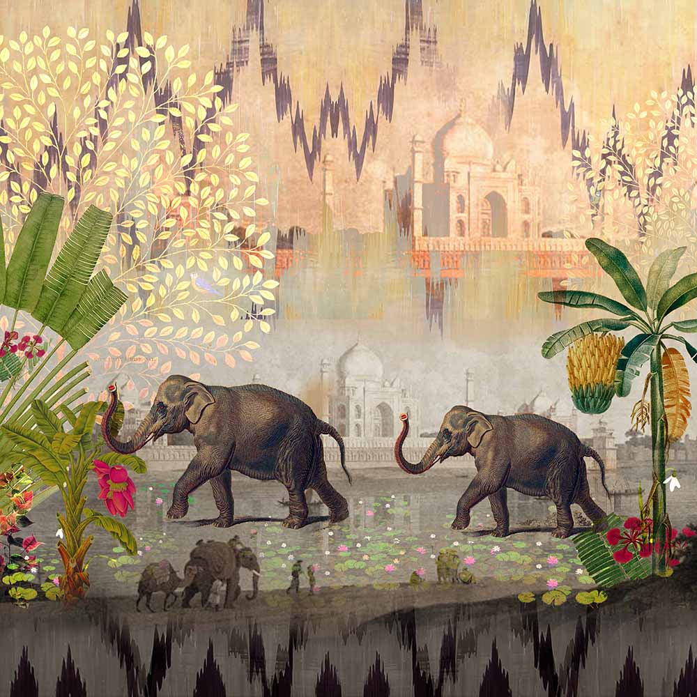 Elephants by the Taj Wildlife wallpaper for living room & bedroom interiors | MWA-LWZ-138