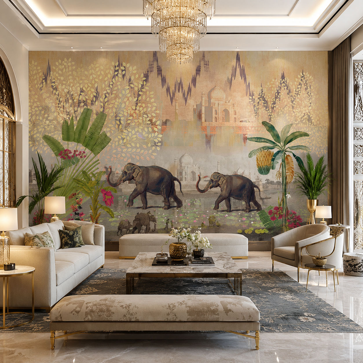 Elephants by the Taj Wildlife wallpaper design view 2 | MWA-LWZ-138