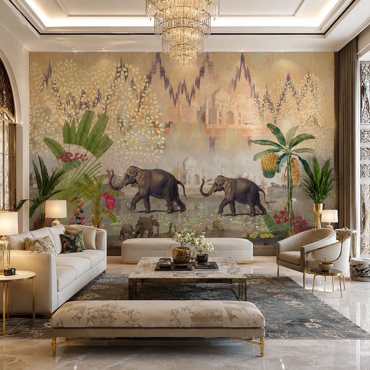 Elephants by the Taj Wildlife wallpaper design view 2 | MWA-LWZ-138