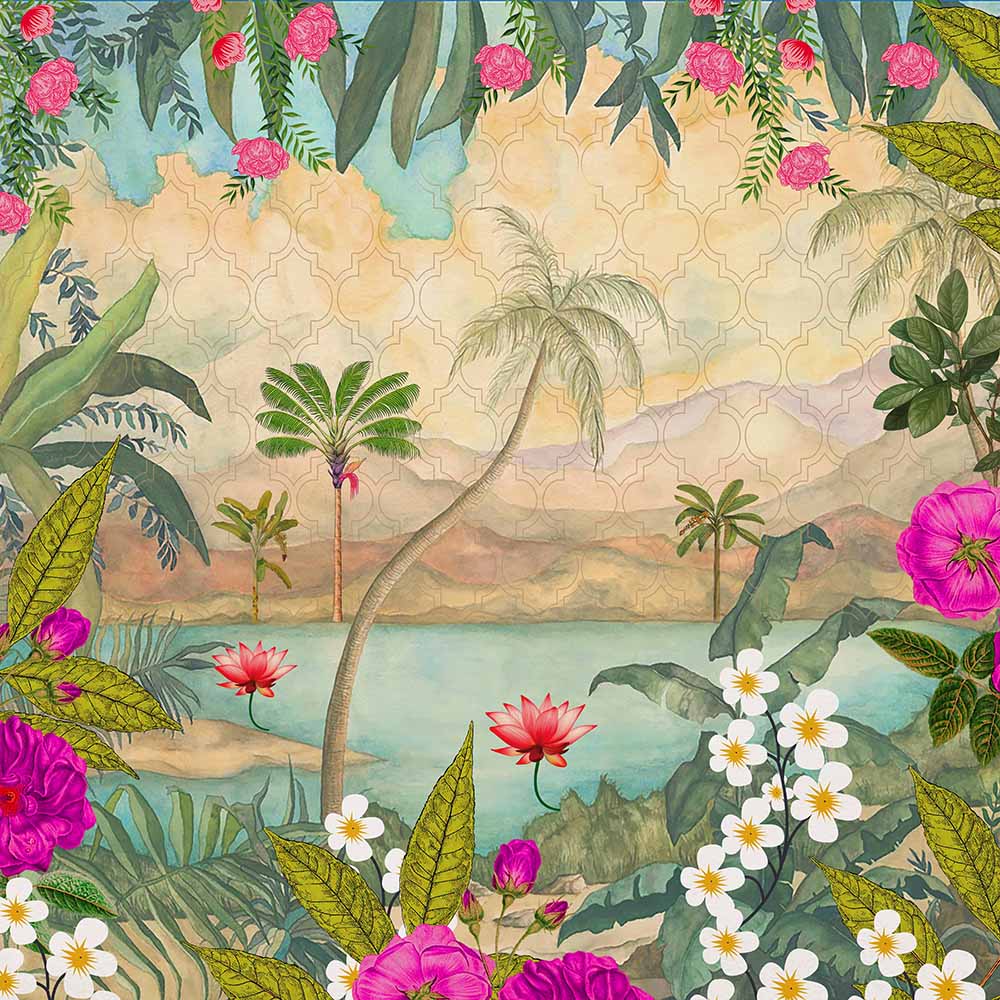 Floral Lagoon Botanical wallpaper for living room & resort interiors | MWA-LWZ-134