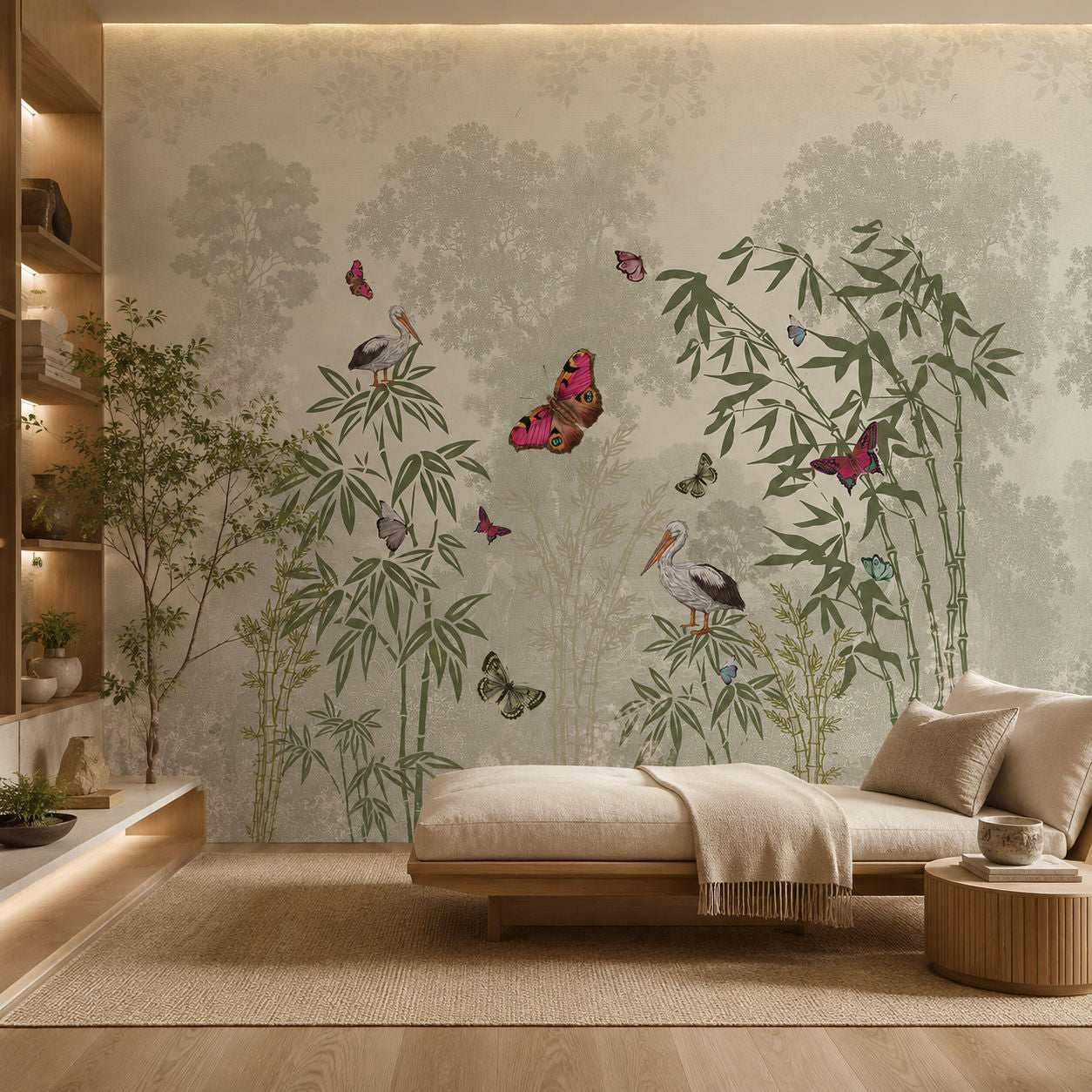 Bamboo & Pelicans Botanical wallpaper design view 2 | MWA-LWZ-132