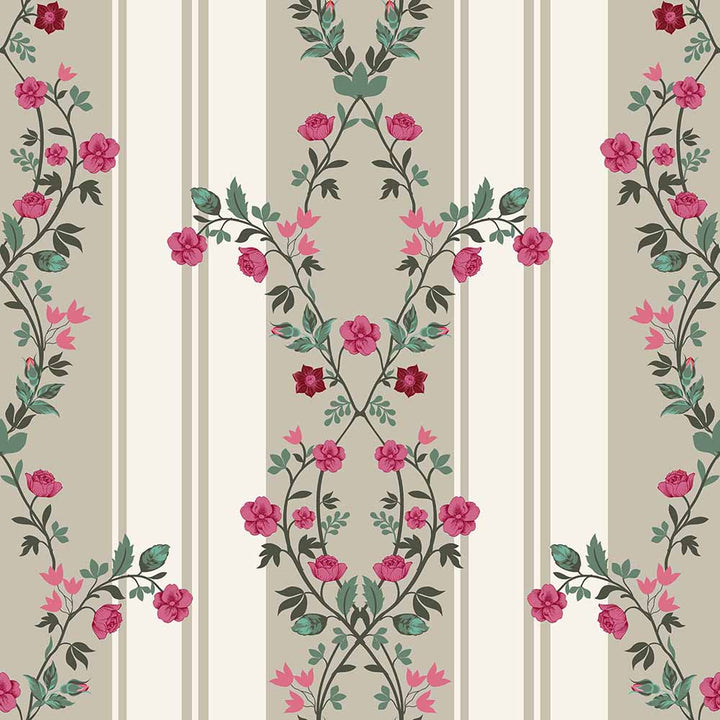 Victorian Rose Stripe Botanical wallpaper for dining room & bedroom interiors | MWA-LWZ-127
