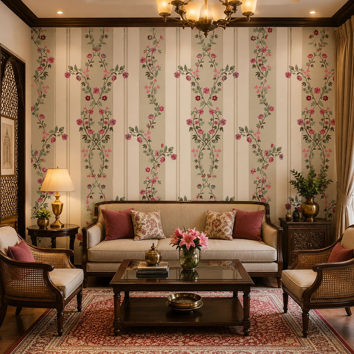 Victorian Rose Stripe Botanical wallpaper design view 2 | MWA-LWZ-127