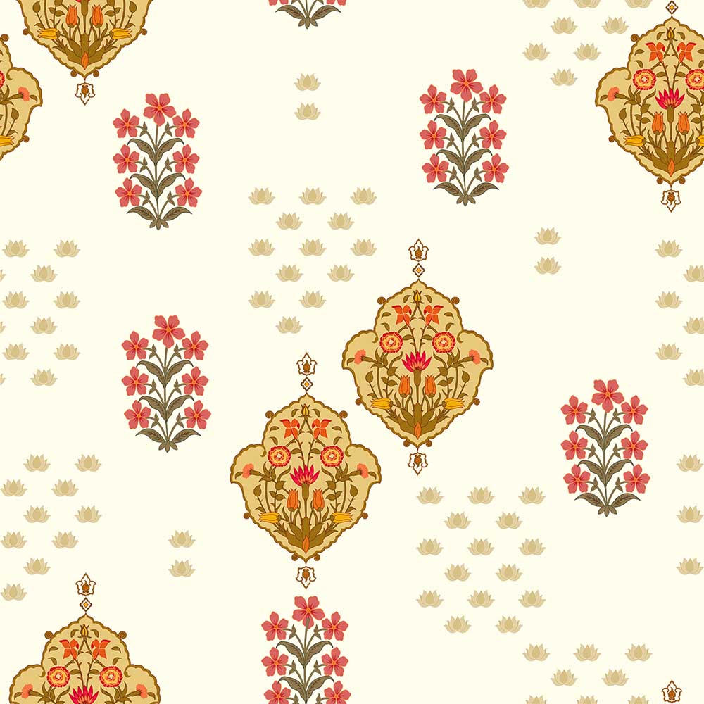 Cream Mughal Buti Botanical wallpaper for living room & foyer interiors | MWA-LWZ-124
