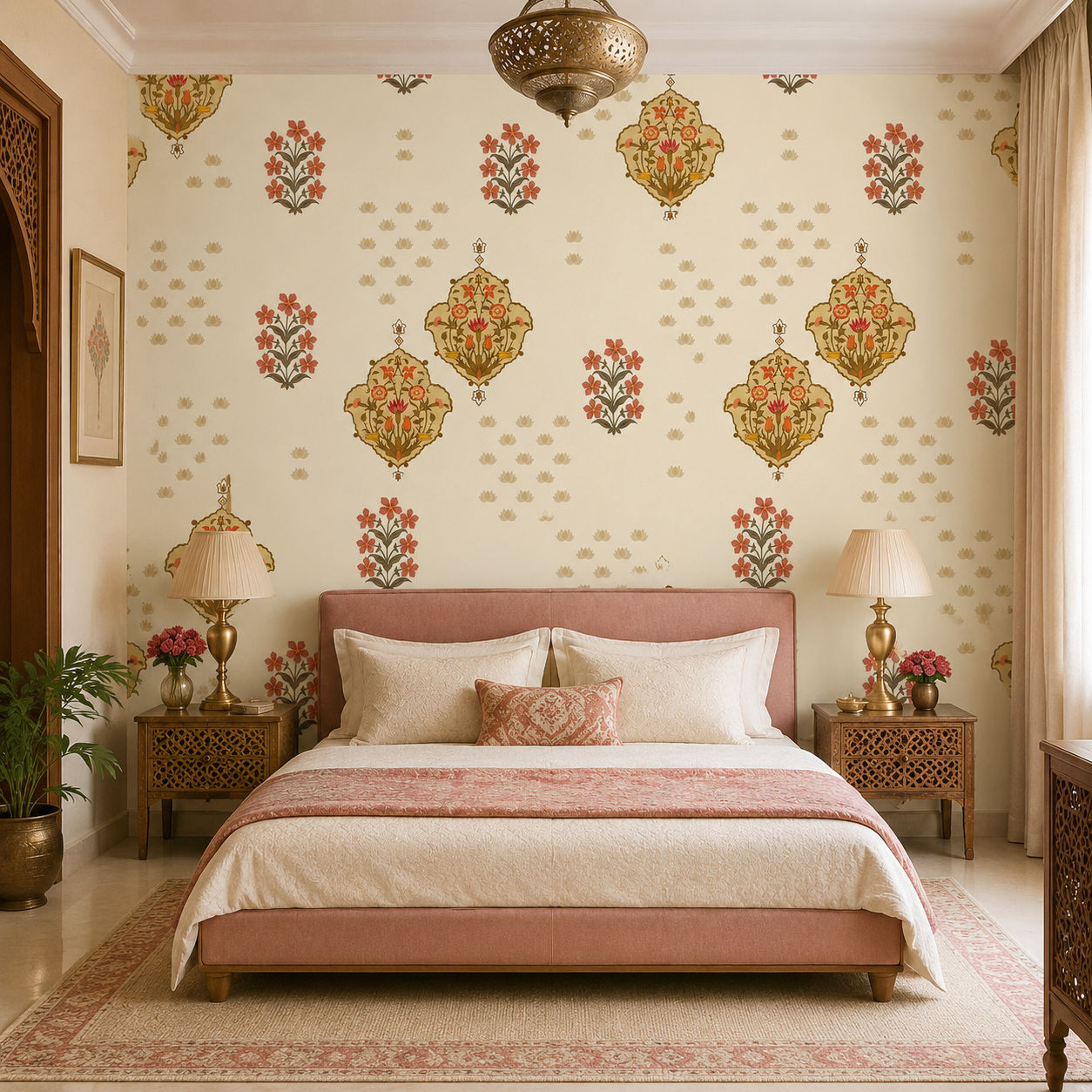 Cream Mughal Buti Botanical wallpaper design view 2 | MWA-LWZ-124