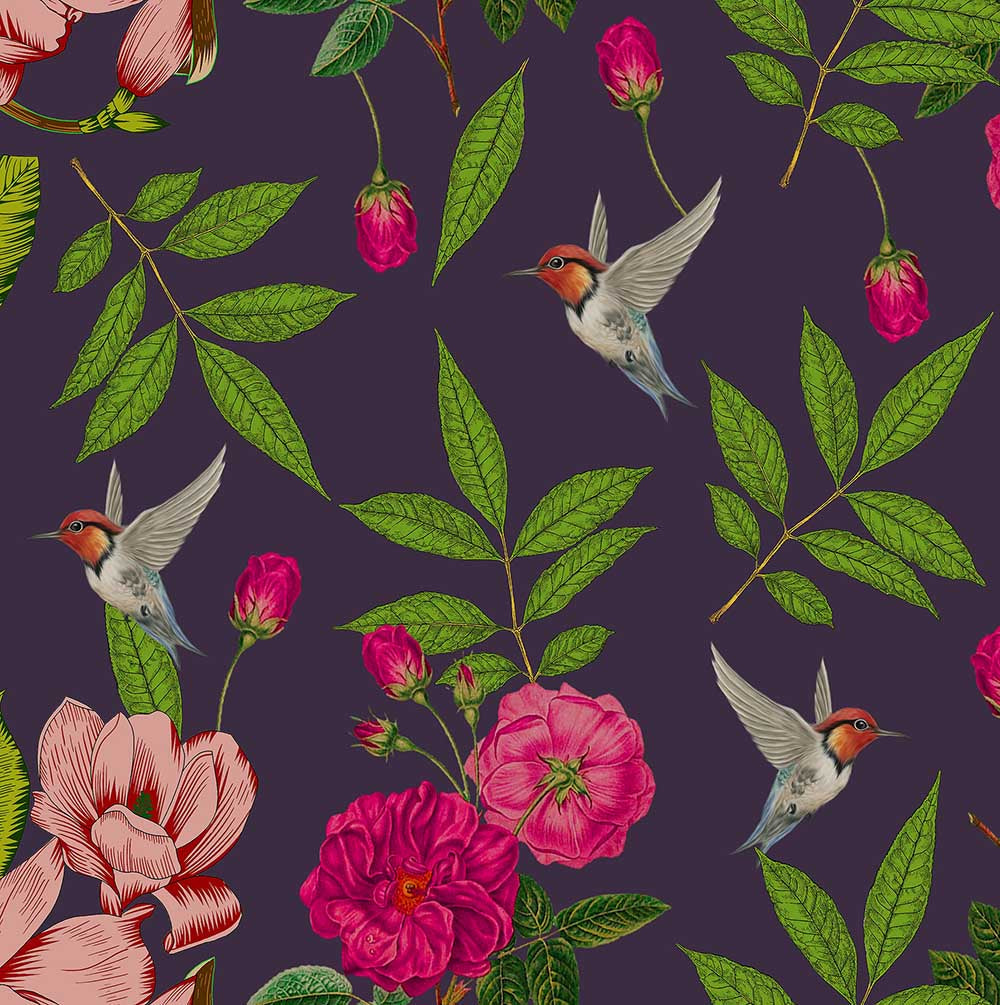 Plum Hummingbird Botanical wallpaper for living room & bedroom interiors | MWA-LWZ-121
