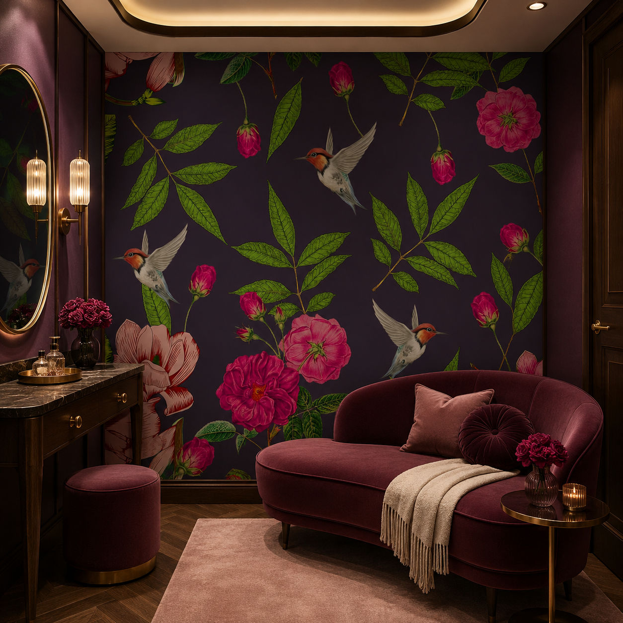 Plum Hummingbird Botanical wallpaper design view 2 | MWA-LWZ-121