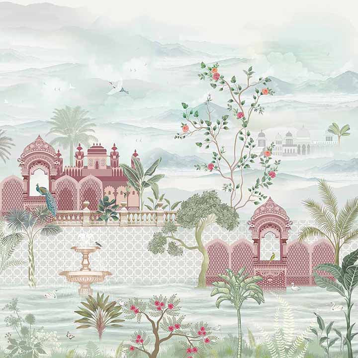 Mughal Mist Gardens Architecture wallpaper for hotel lobby & lounge interiors | MWA-LWZ-118