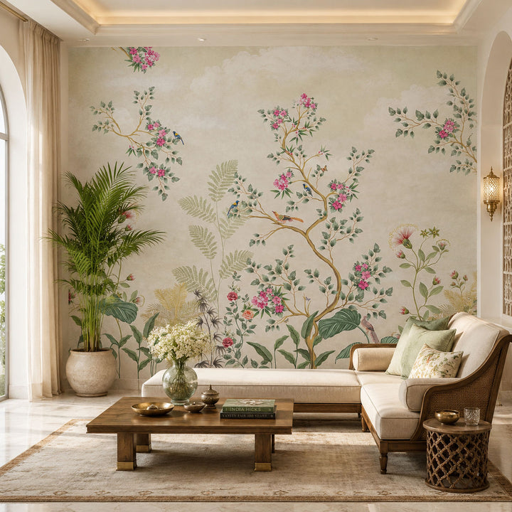 Celestial Blossom (Cream) Botanical wallpaper design view 2 | MWA-LWZ-113