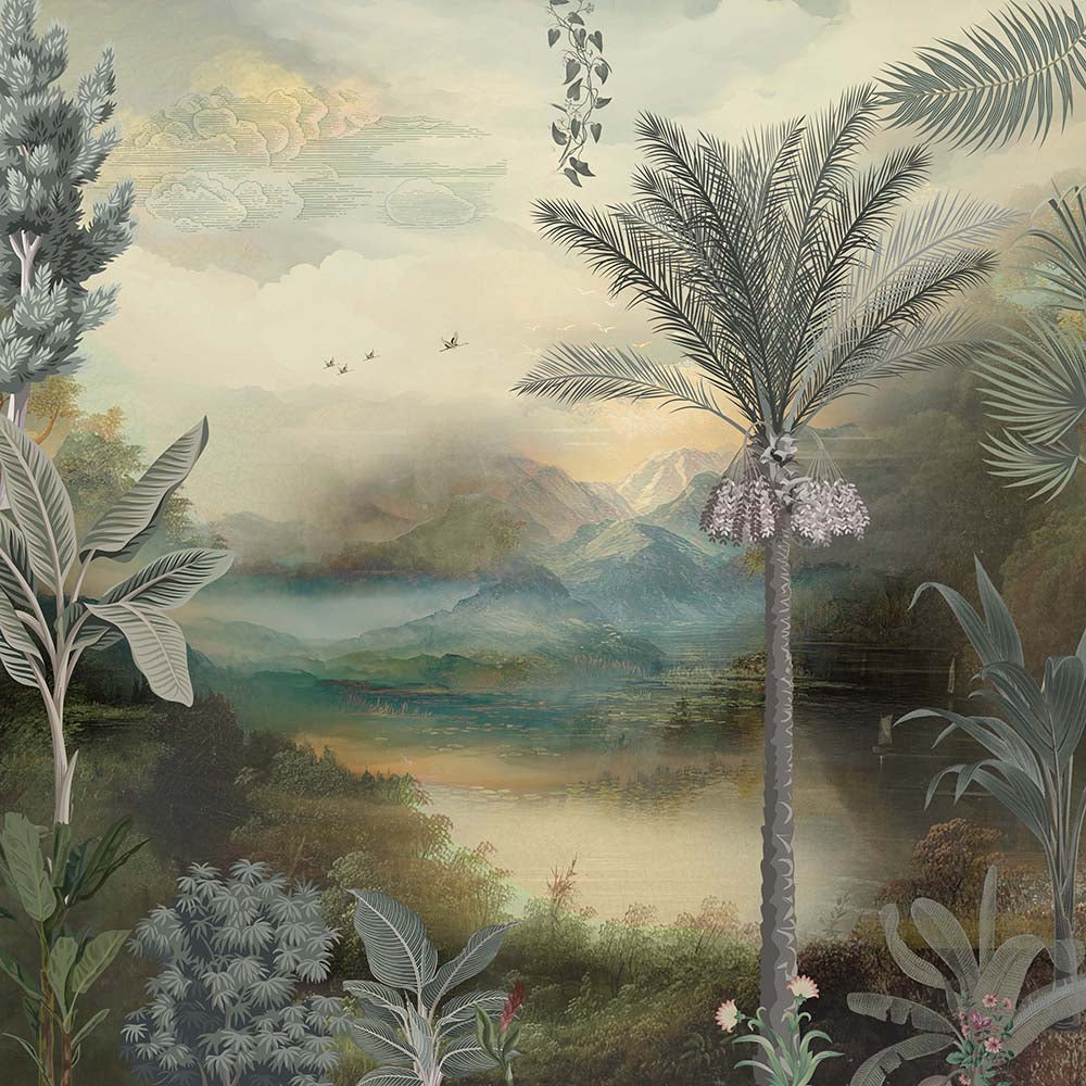 Jungle Lagoon Botanical wallpaper for living room & resort interiors | MWA-LWZ-105