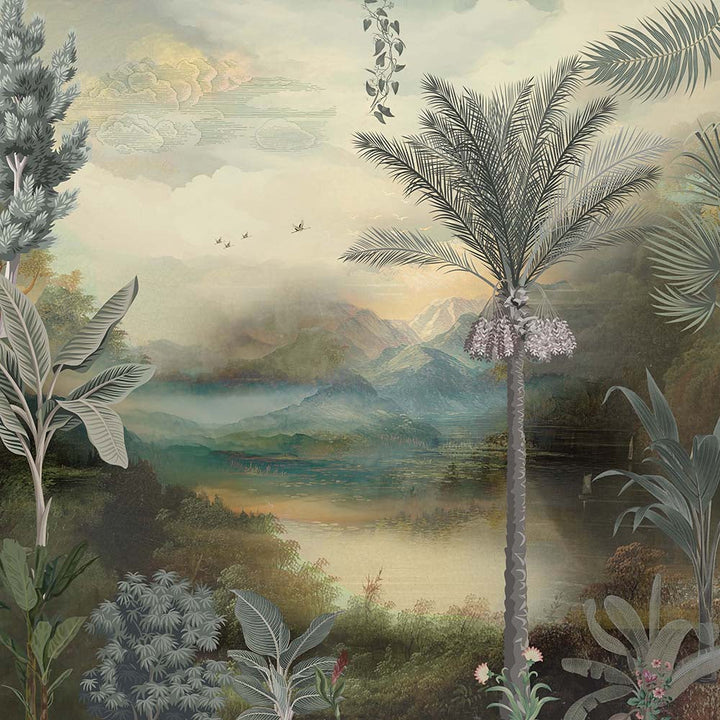 Jungle Lagoon Botanical wallpaper for living room & resort interiors | MWA-LWZ-105