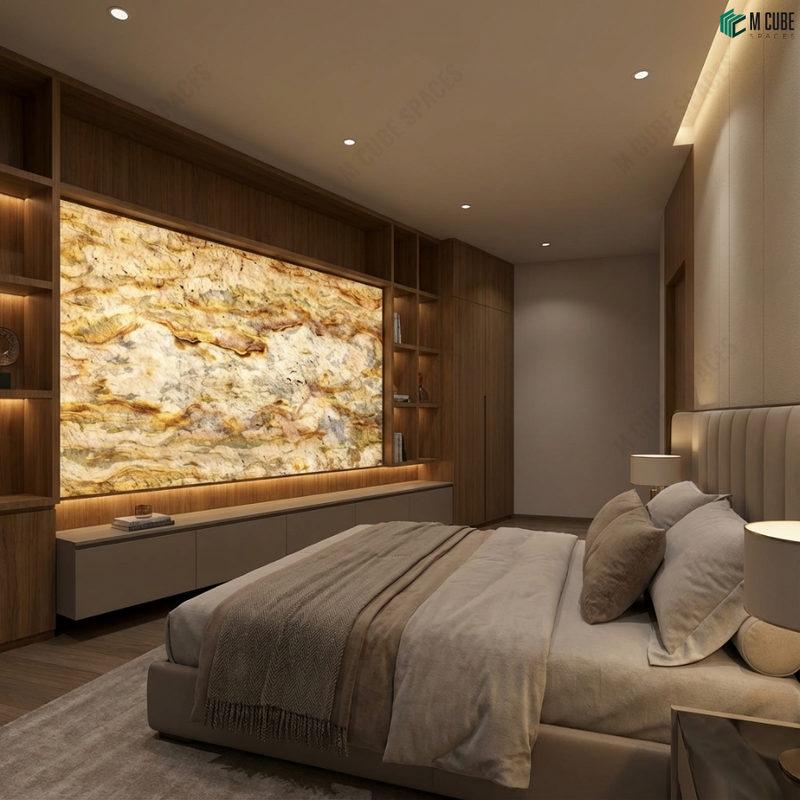 Luxury Bedroom Feature Wall finished in Kalahari Brown Marble Stone Veneer