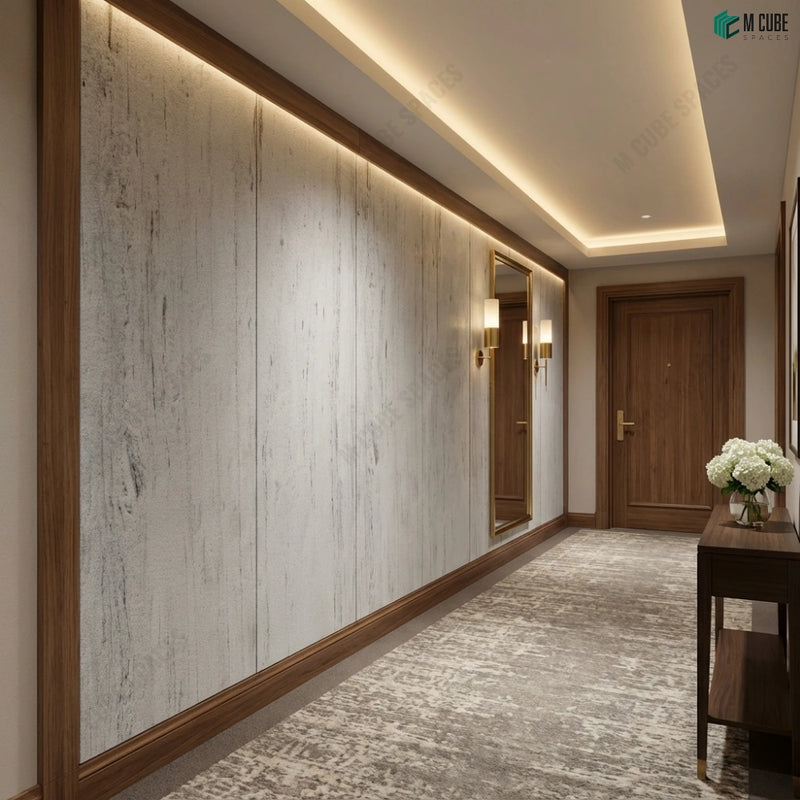 Minimal Corridor Wall Cladding Using Lucent White Marble Stone Veneer