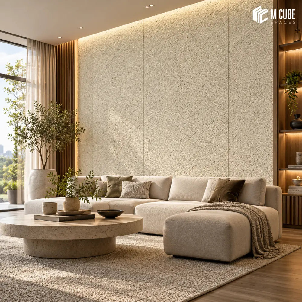 Textured mineral stone feature wall for serene contemporary living room - Living interior inspiration