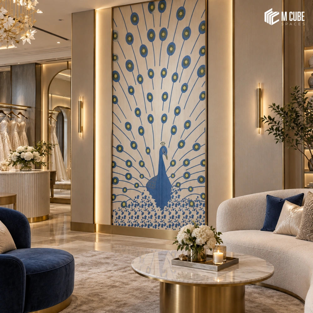 Blue peacock marquetry veneer feature wall for an elegant bridal boutique lounge - Commercial interior inspiration