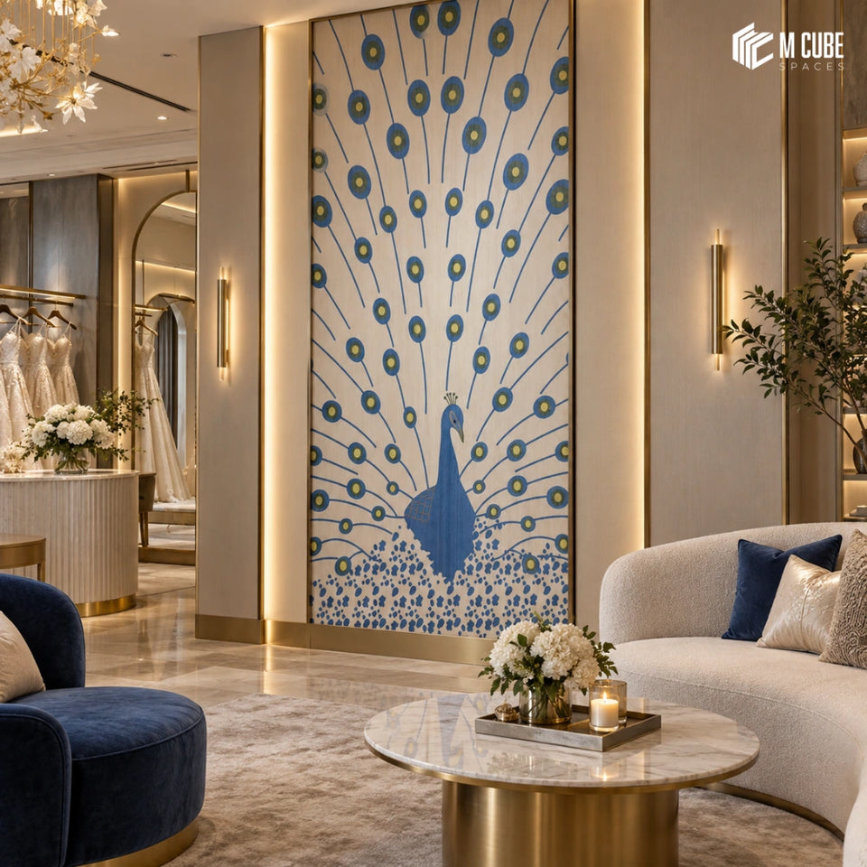 Blue Peacock Marquetry Veneer Feature Wall for an Elegant Bridal Boutique Lounge - Commercial inspiration