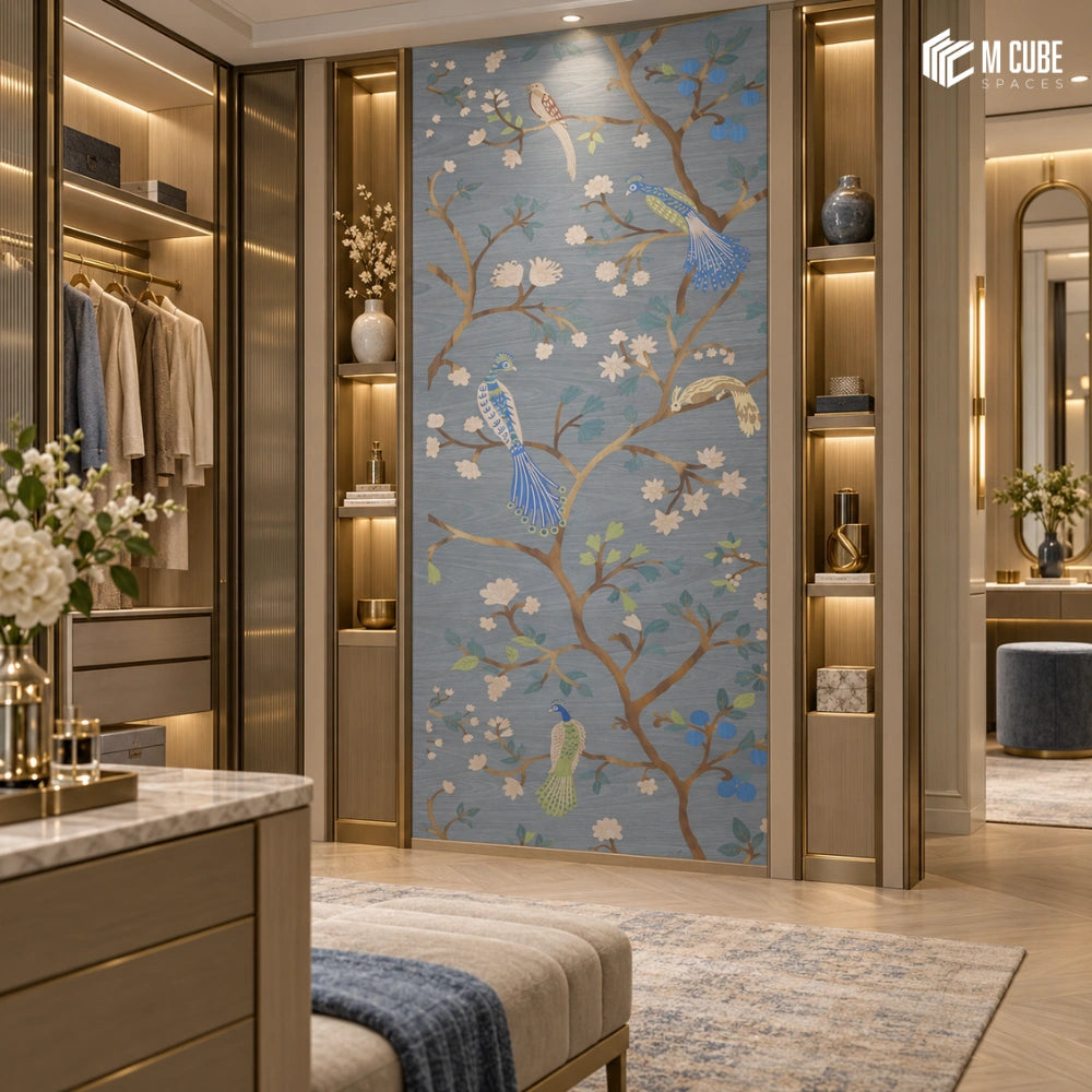 Bird and blossom marquetry veneer feature wall for an elegant walk in wardrobe - Living interior inspiration