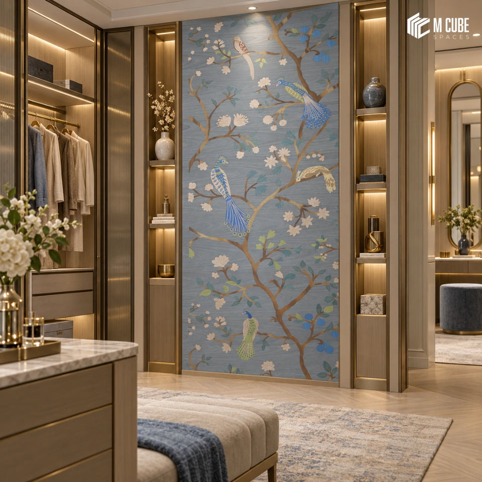 Bird and Blossom Marquetry Veneer Feature Wall for an Elegant Walk-In Wardrobe - Living inspiration