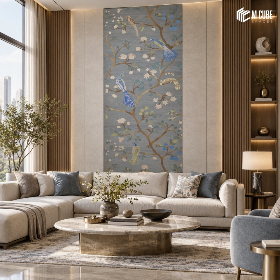 Bird and Blossom Marquetry Veneer Statement Wall for a Refined Contemporary Living Room - Living inspiration