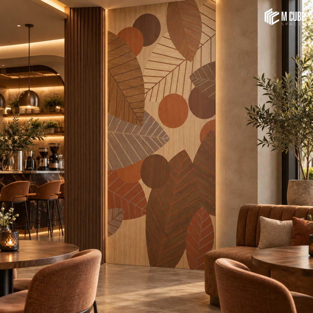 Abstract botanical marquetry veneer feature wall for a warm contemporary café - Commercial interior inspiration
