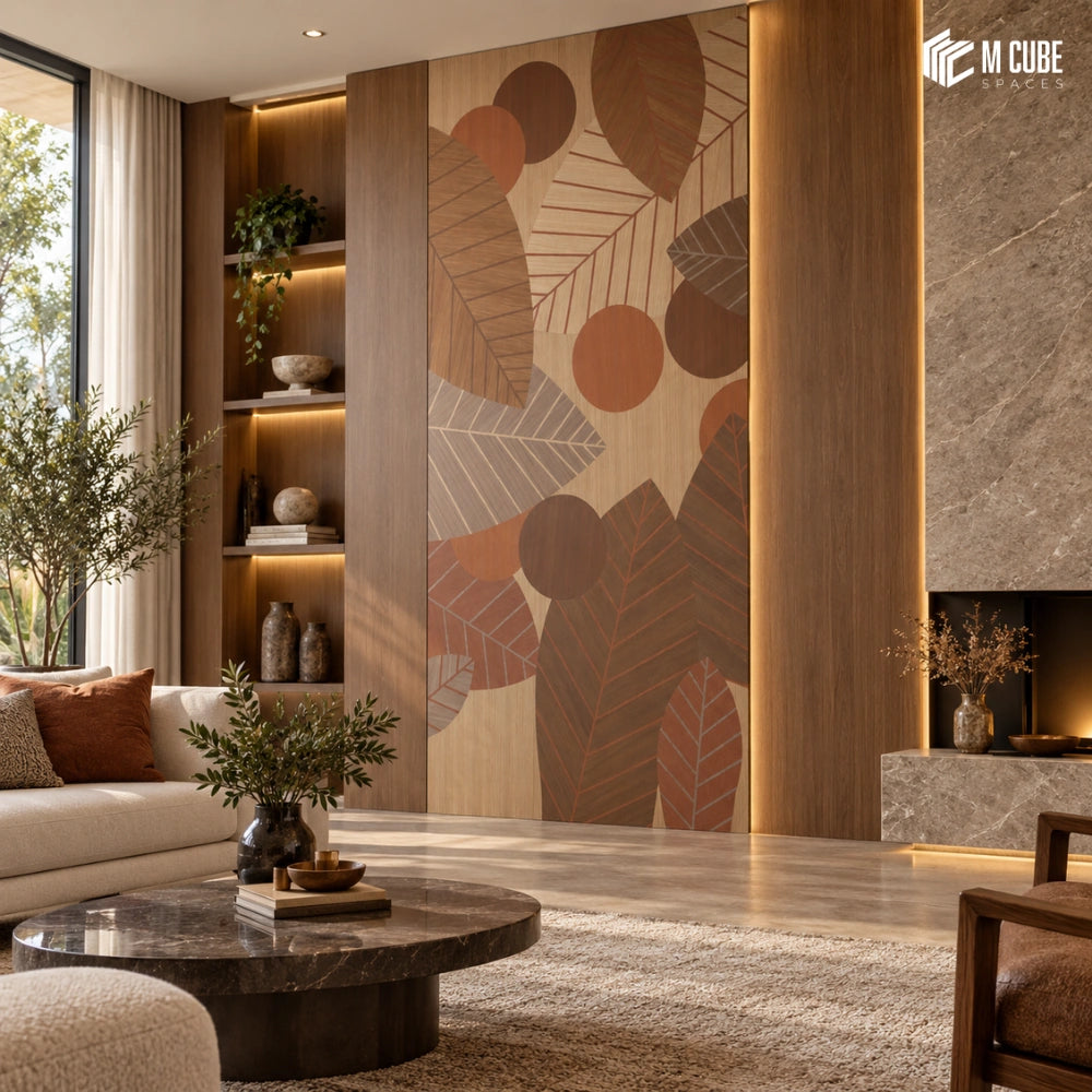 Abstract botanical marquetry veneer statement wall for an earthy luxury living room - Living interior inspiration