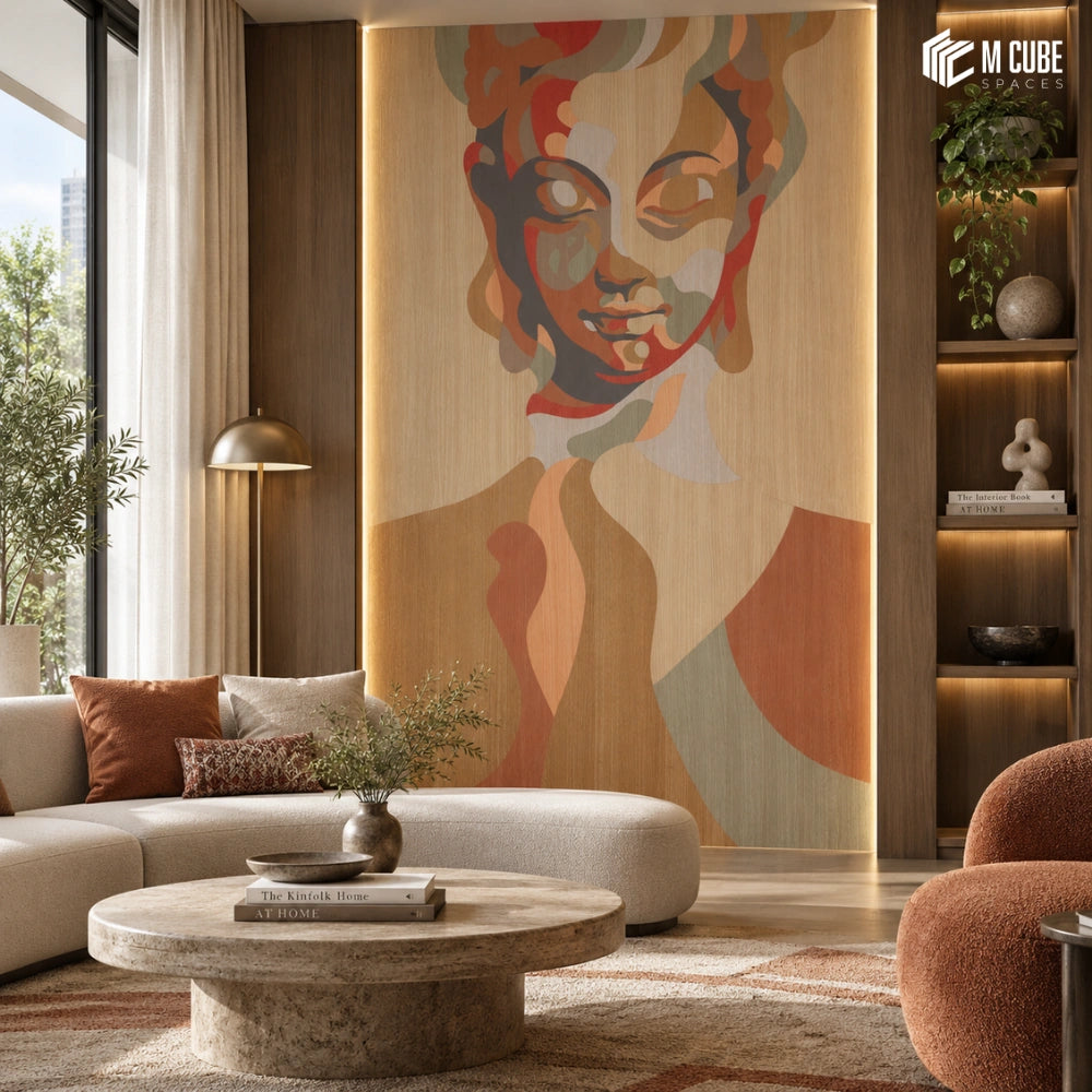 Abstract portrait marquetry veneer statement wall for a contemporary living room - Living interior inspiration
