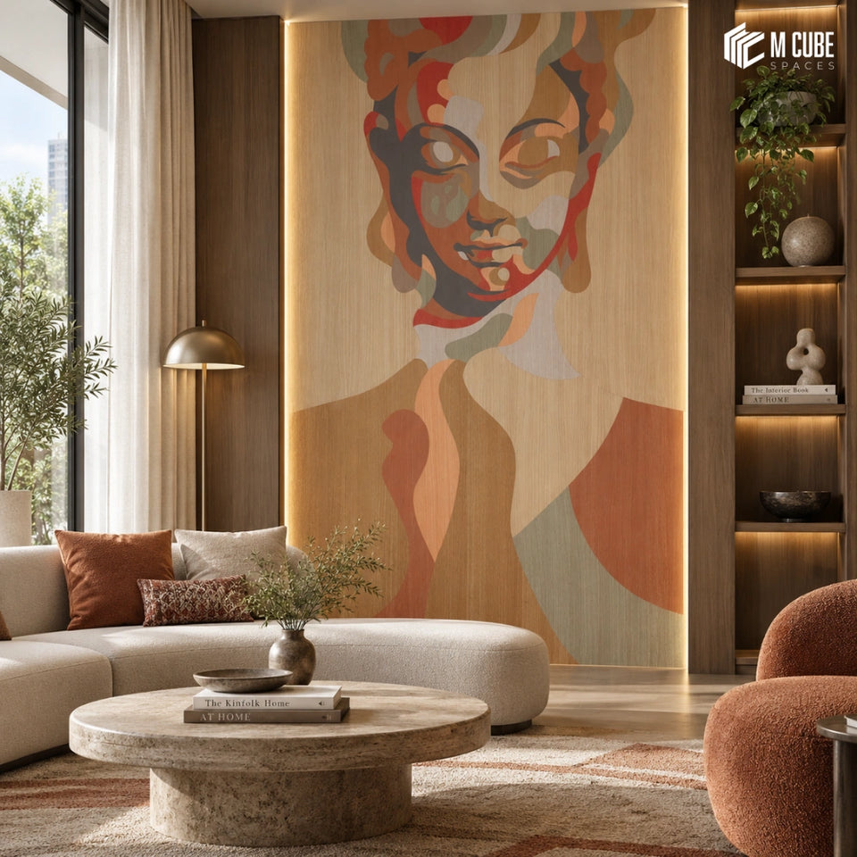 Abstract Portrait Marquetry Veneer Statement Wall for a Contemporary Living Room - Living inspiration