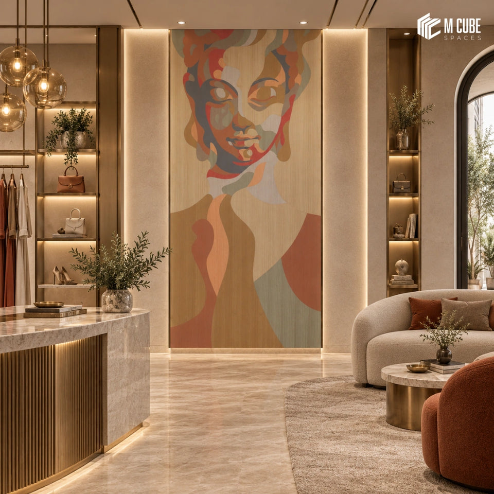 Abstract Portrait Marquetry Veneer Feature Wall for a Luxury Fashion Boutique - Commercial inspiration