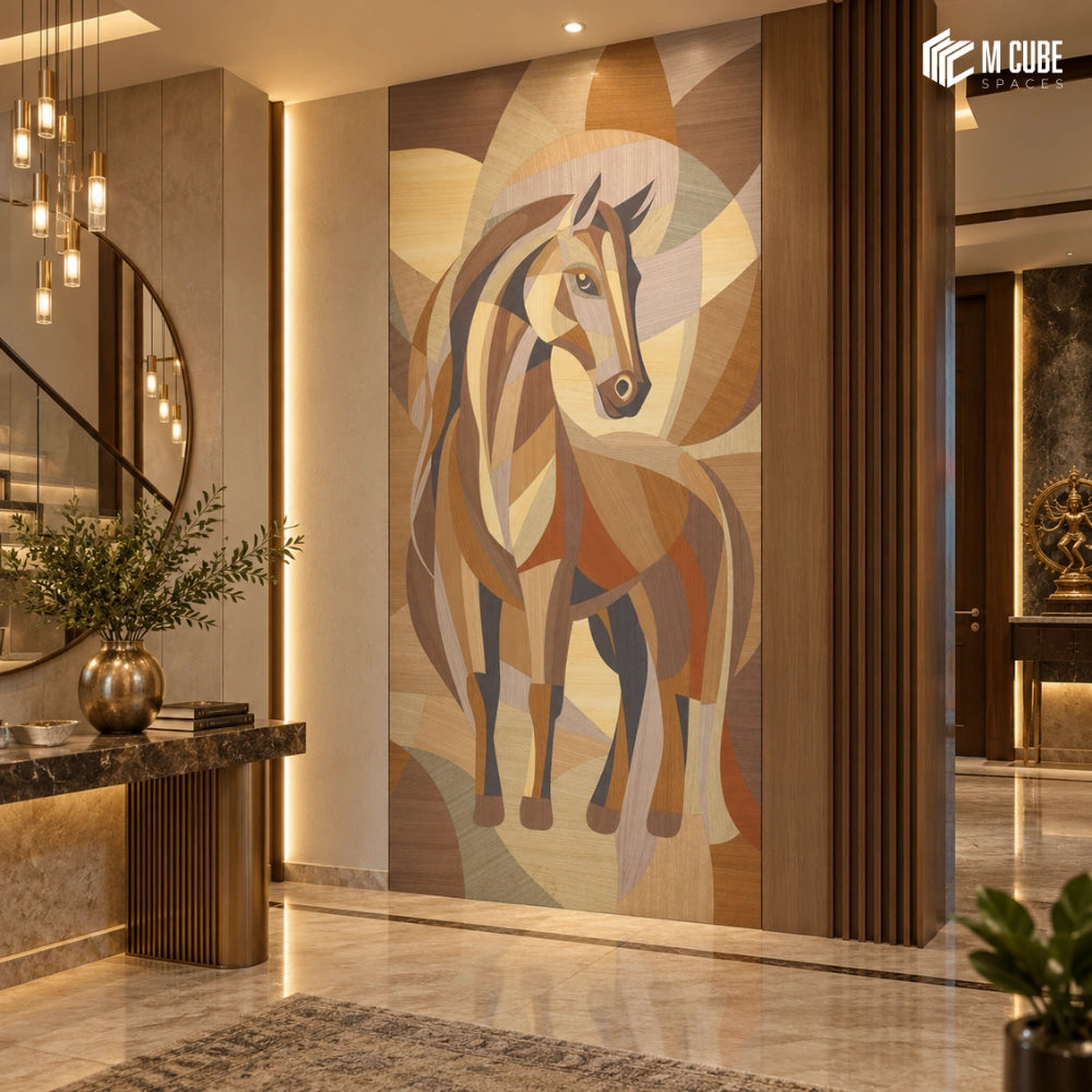 Abstract horse marquetry veneer statement wall for grand luxury foyer - Living interior inspiration