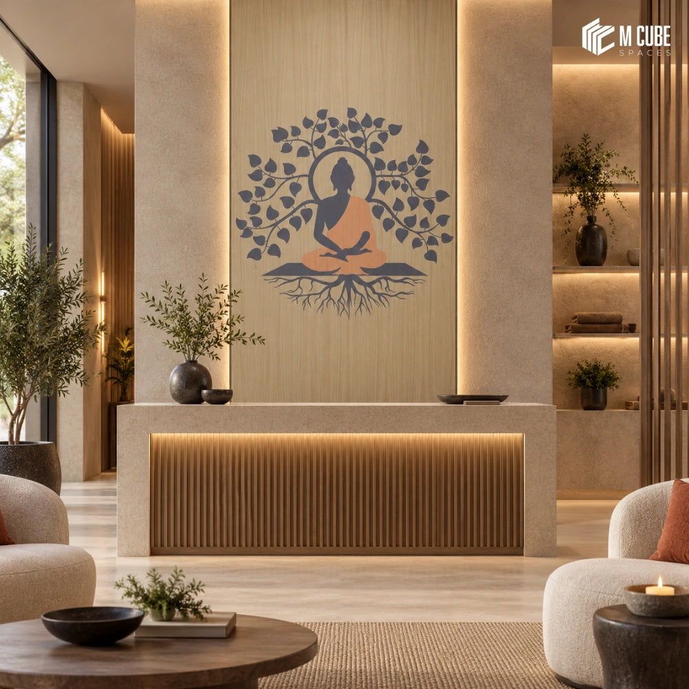 Bodhi tree buddha marquetry veneer reception backdrop for a luxury wellness retreat - Commercial interior inspiration