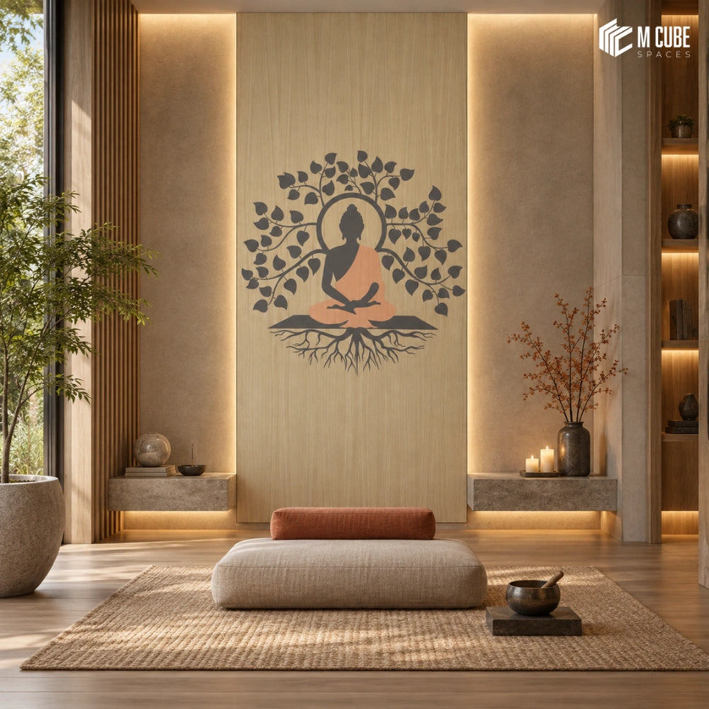Bodhi tree buddha marquetry veneer meditation wall for a serene wellness space - Commercial interior inspiration