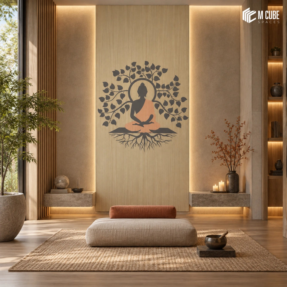 Bodhi Tree Buddha Marquetry Veneer Meditation Wall for a Serene Wellness Space - Commercial inspiration