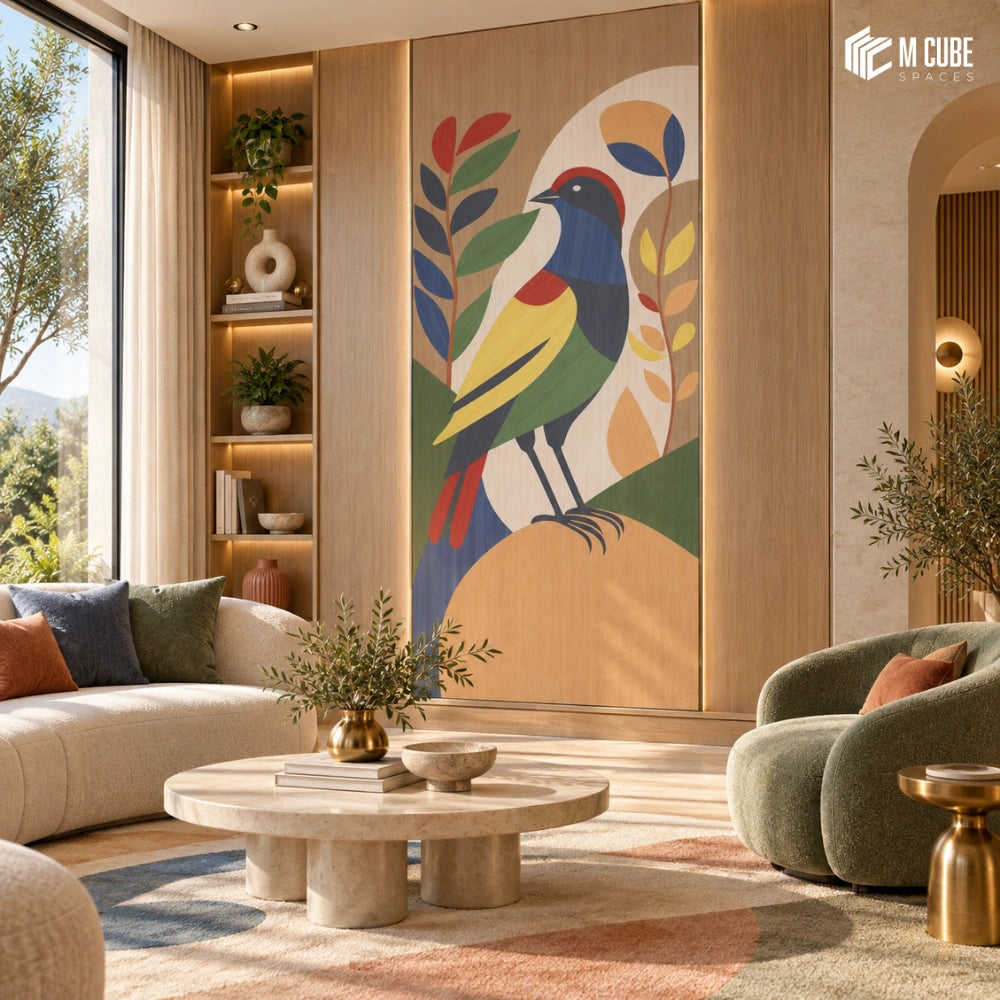 Colourful bird marquetry veneer statement wall for a contemporary living room - Living interior inspiration