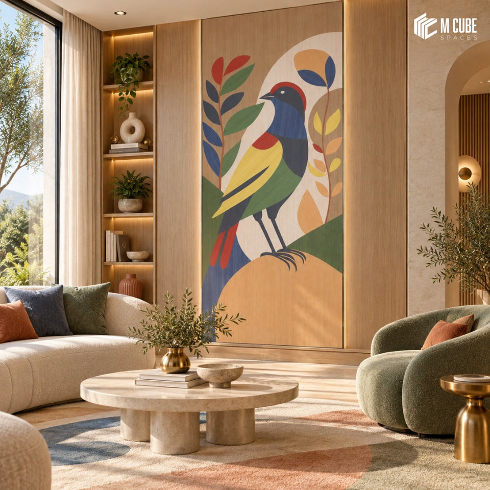 Colourful Bird Marquetry Veneer Statement Wall for a Contemporary Living Room - Living inspiration