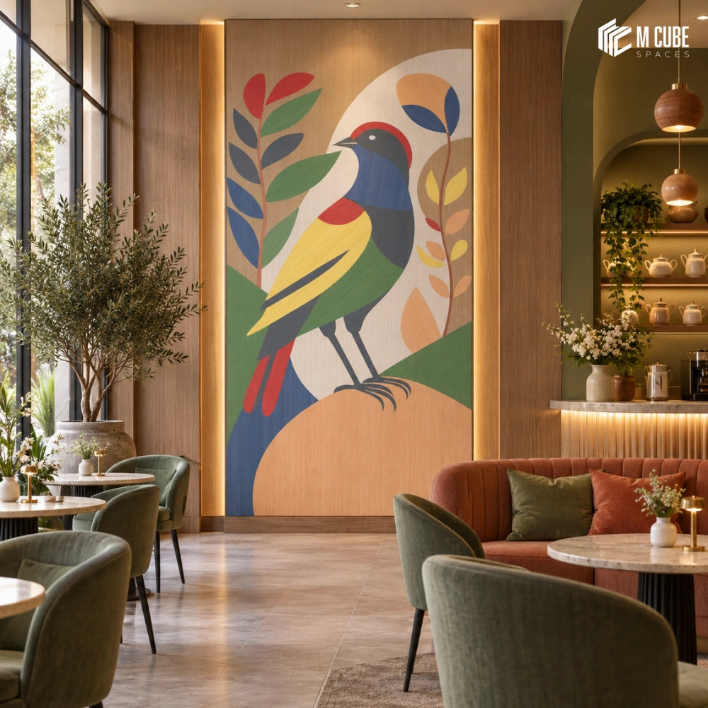 Colourful bird marquetry veneer feature wall for a nature inspired café - Commercial interior inspiration