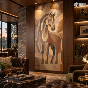 Abstract Horse Marquetry Veneer Feature Wall for Sophisticated Private Lounge