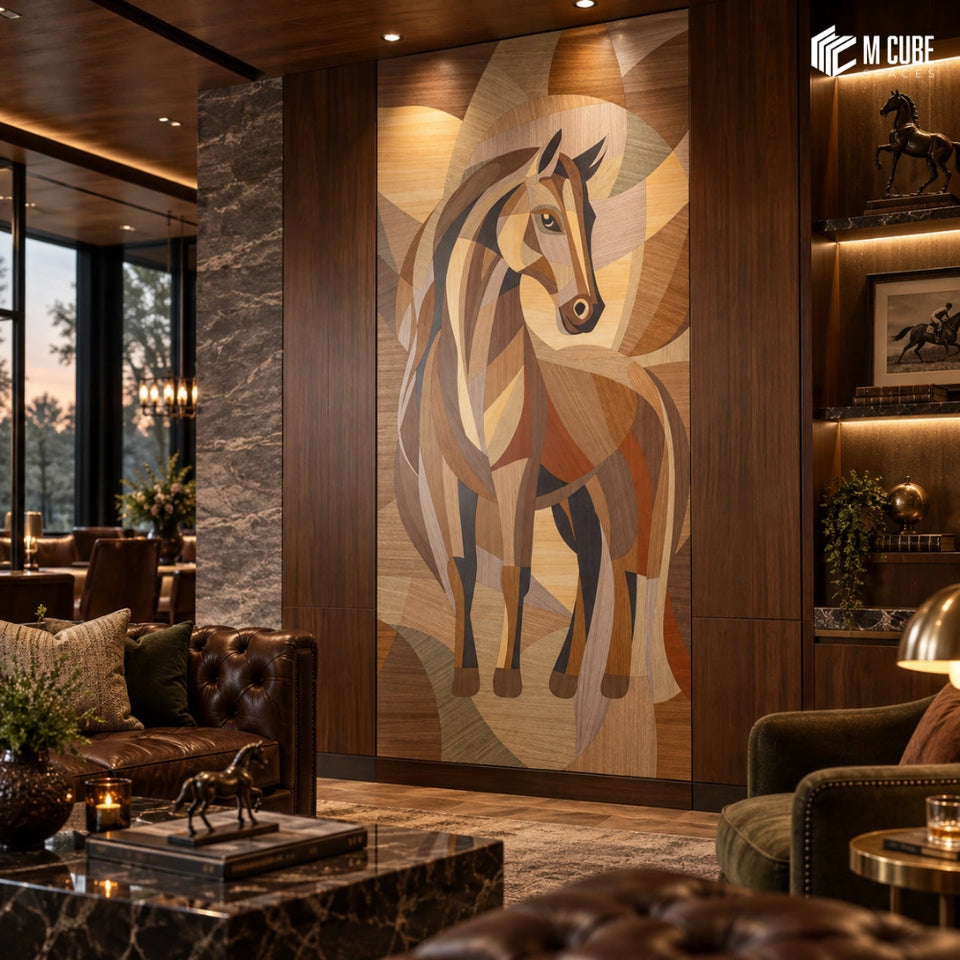 Abstract Horse Marquetry Veneer Feature Wall for Sophisticated Private Lounge - Commercial inspiration