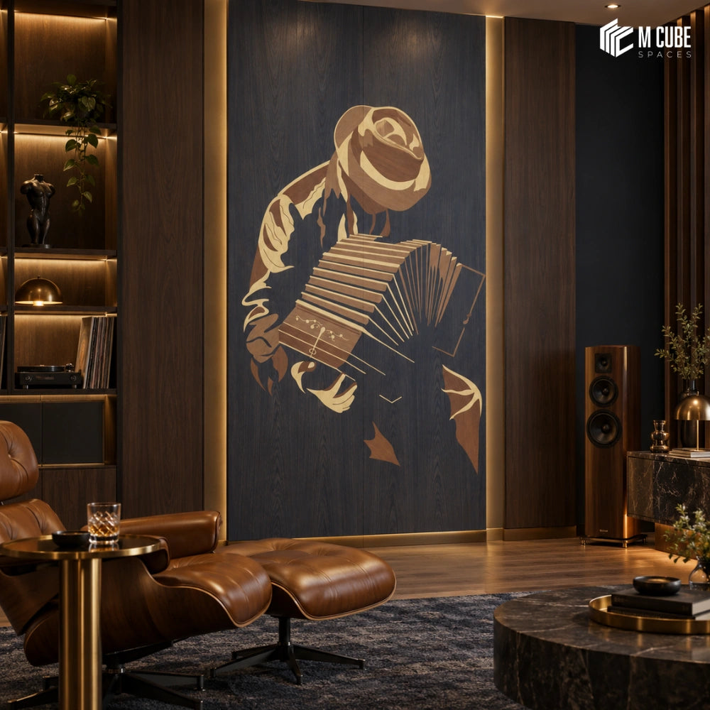 Accordion musician marquetry veneer feature wall for luxury music lounge - Living interior inspiration
