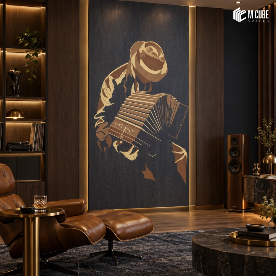 Accordion Musician Marquetry Veneer Feature Wall for Luxury Music Lounge - Living inspiration