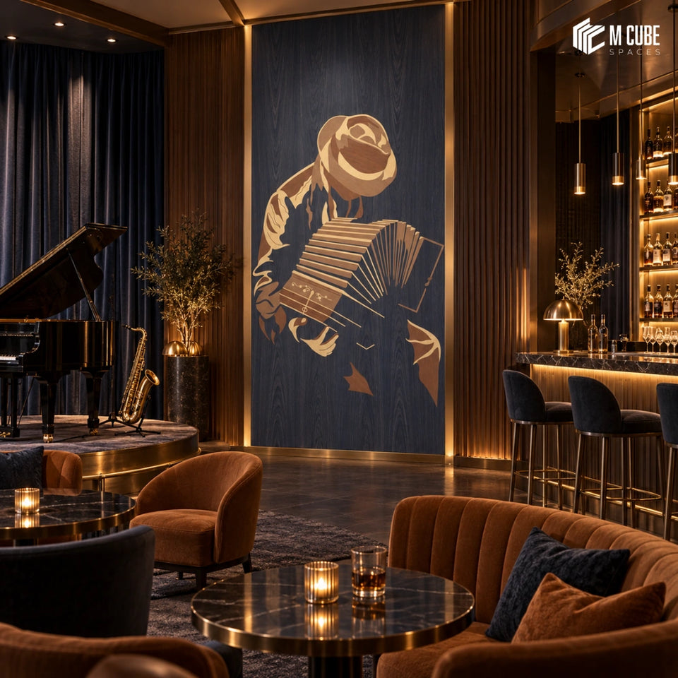 Accordion Musician Marquetry Veneer Statement Wall for Sophisticated Jazz Bar - Commercial inspiration
