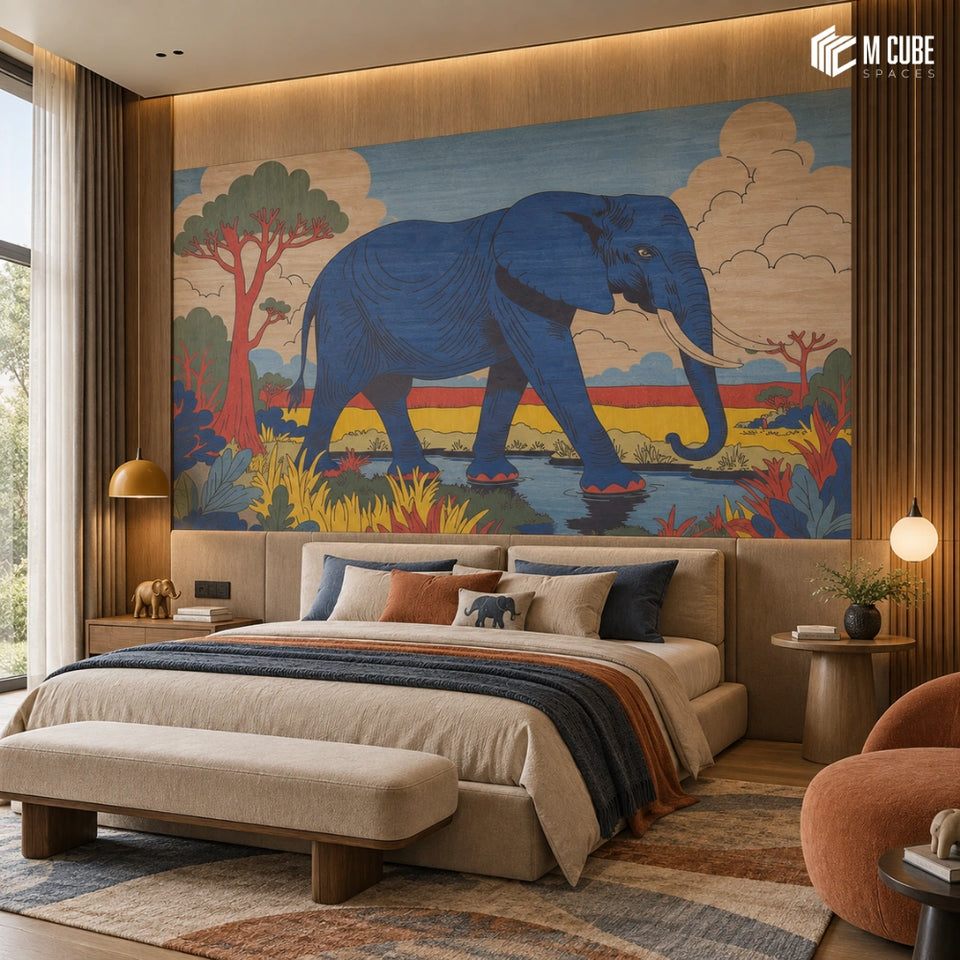 Blue Elephant Marquetry Veneer Feature Wall for Contemporary Bedroom - Bedroom inspiration