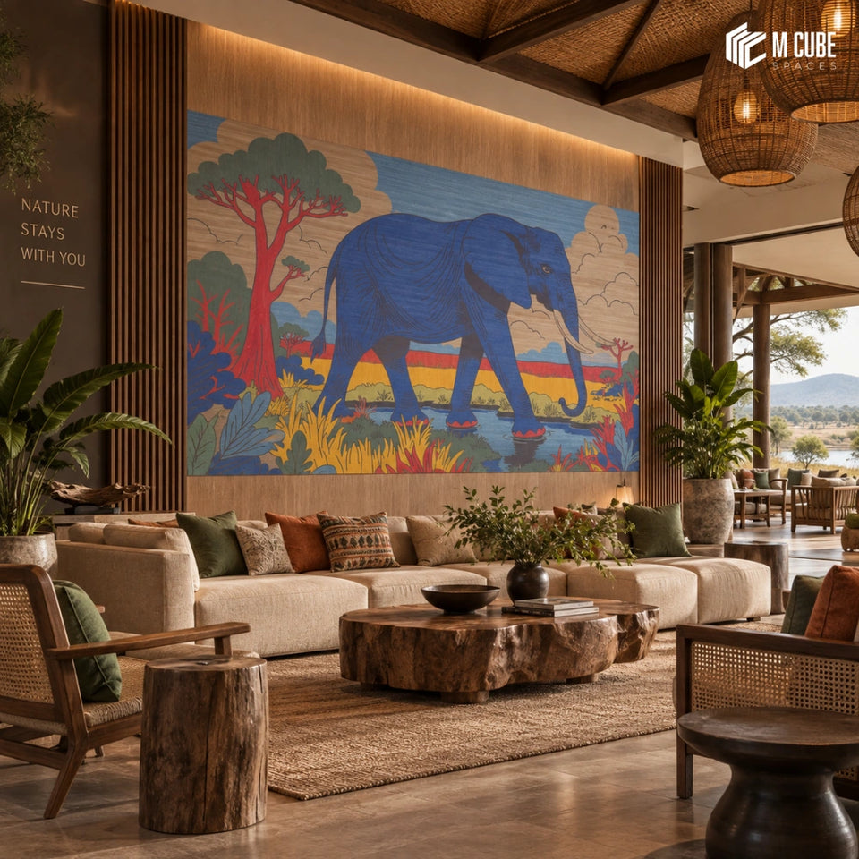 Blue Elephant Marquetry Veneer Statement Wall for Luxury Safari Resort Lounge - Commercial inspiration