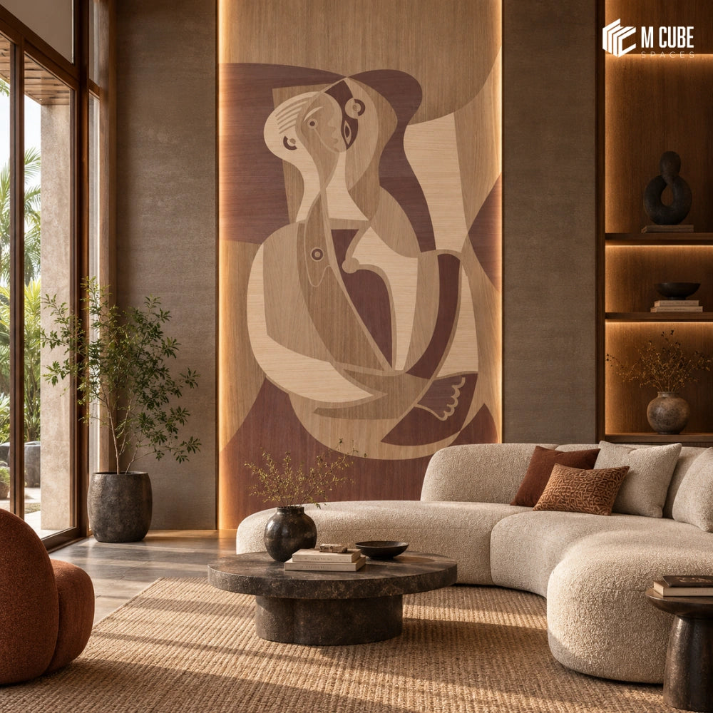 Abstract couple marquetry veneer feature wall for luxury living room - Living interior inspiration