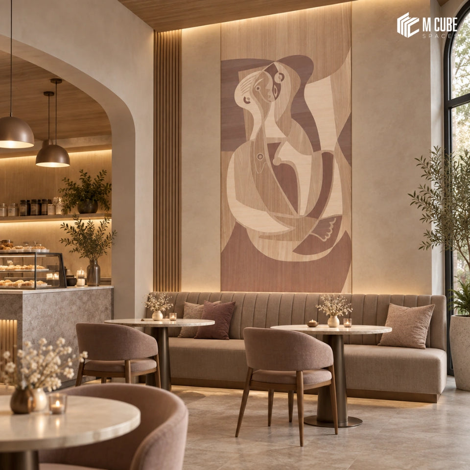 Abstract Couple Marquetry Veneer Statement Wall for Contemporary Café - Commercial inspiration