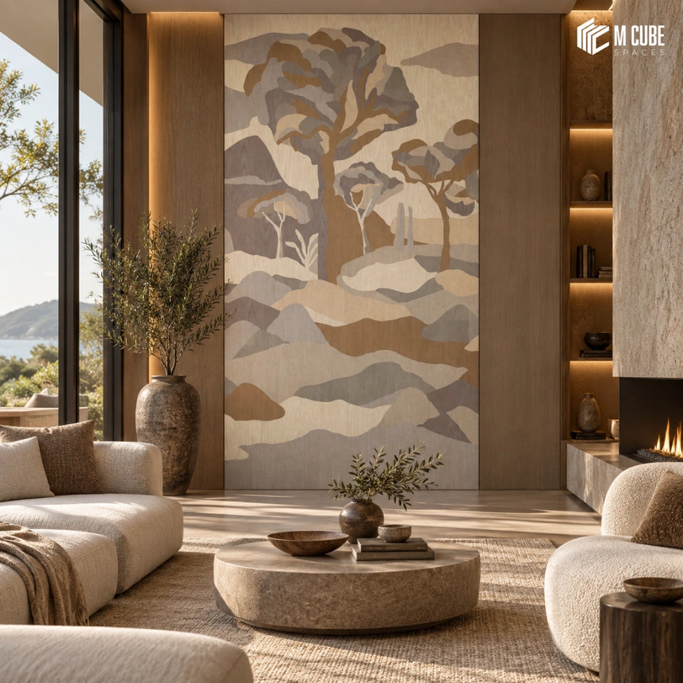 Abstract Forest Marquetry Veneer Feature Wall for Serene Luxury Living Room - Living inspiration